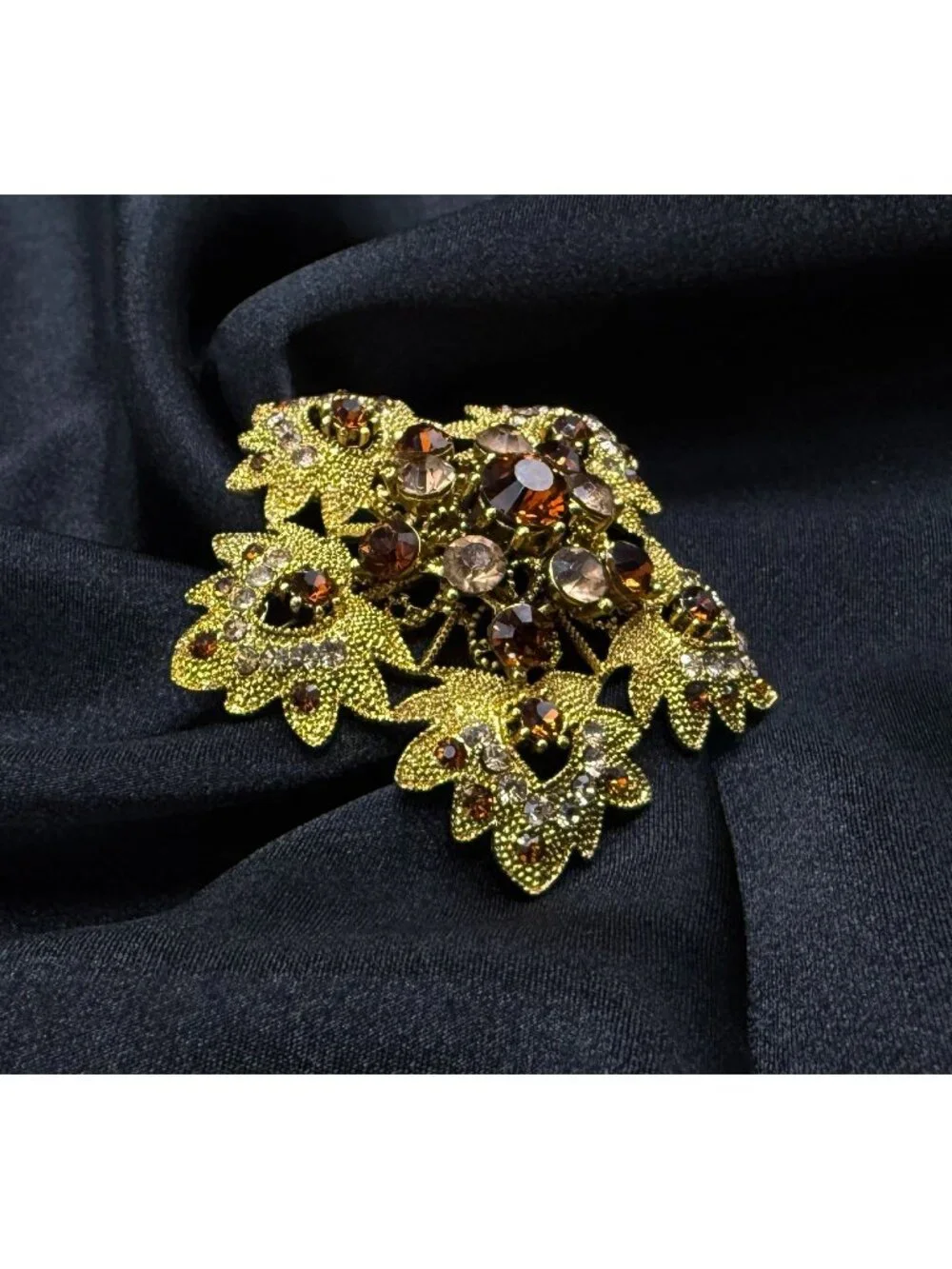 Vintage 1990s Gold Tone Floral Brooch With Amber & Clear Rhinestones